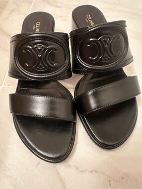 Authentic Celine Black Leather Slides with Gold Logo